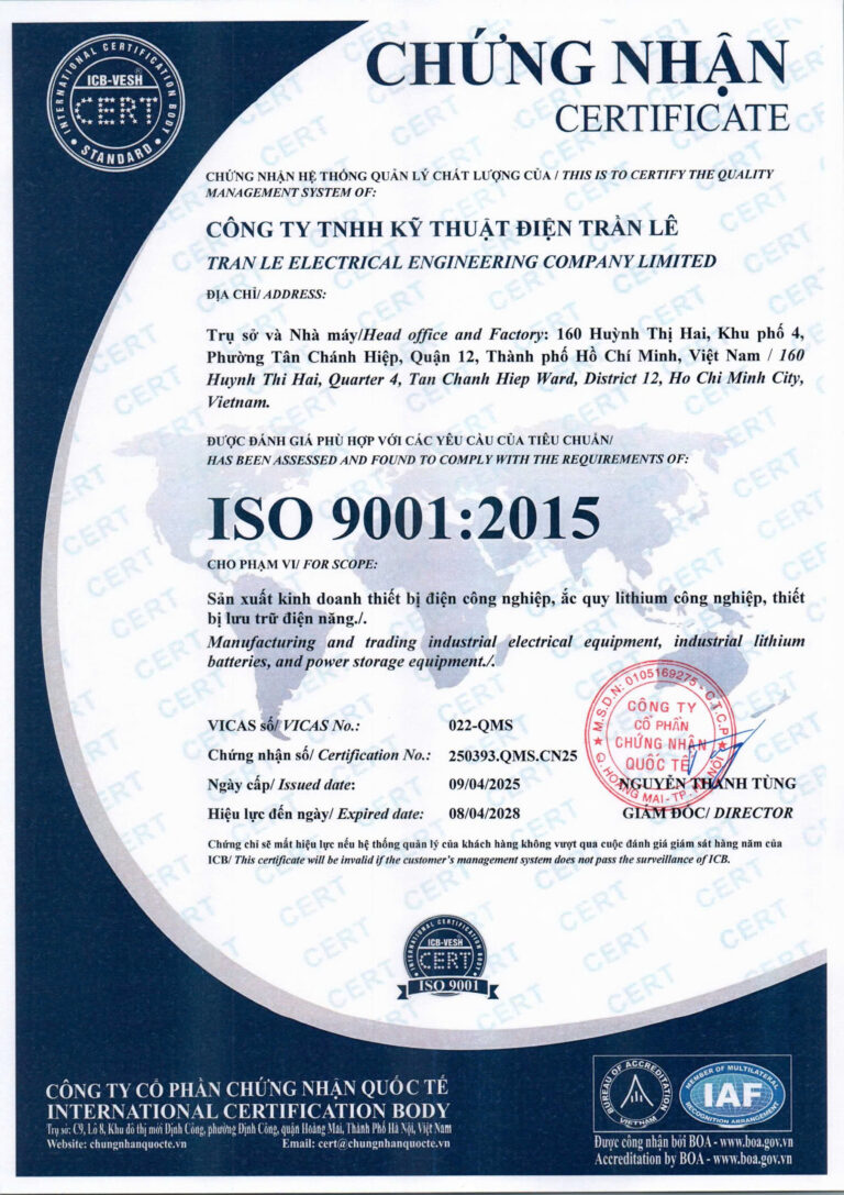 CÔNG TY TNHH KỸ THUẬT ĐIỆN TRẦN LÊ đạt chứng nhận ISO 9001:2015 – Hệ thống quản lý chất lượng theo tiêu chuẩn quốc tế